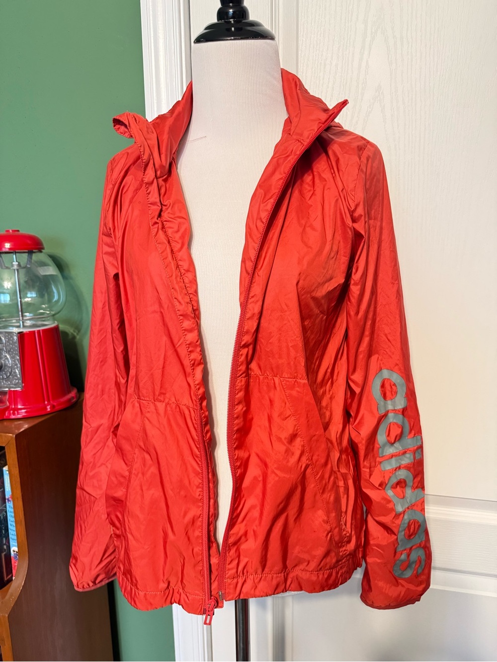 adidas Women’s Red Hooded Utility Jacket with Bold Sleeve Logo